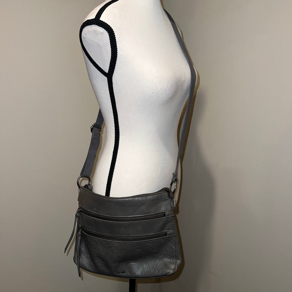 The Sak Reseda Gray Leather Bohemian Crossbody Bag Purse Embossed Floral - Picture 3 of 16